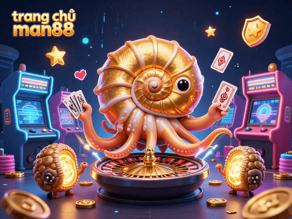 Experience the excitement of trang chủ man88 with a vibrant 3D casino scene featuring games and elements.