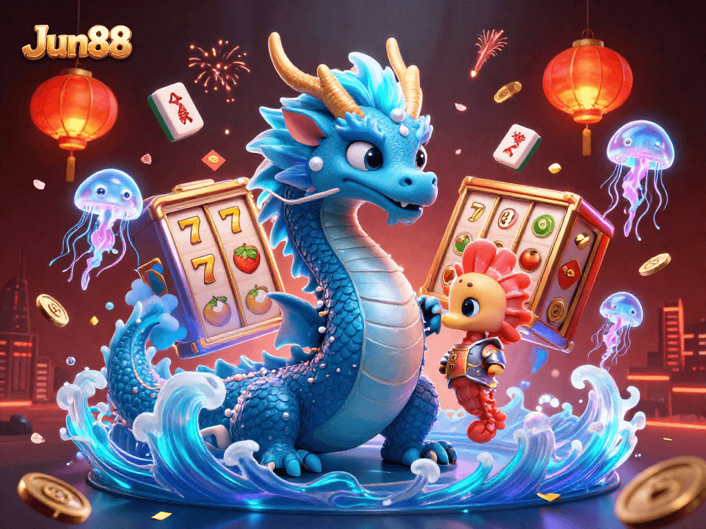 Experience Jun88's immersive 3D casino scene featuring vibrant slot elements and enchanting ocean characters.