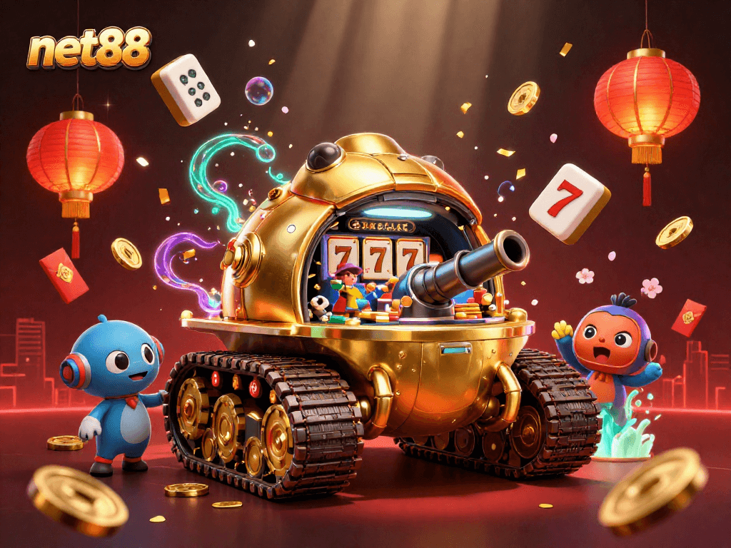 Experience net88 with a lively 3D casino scene showcasing vibrant slot elements and celebrations.