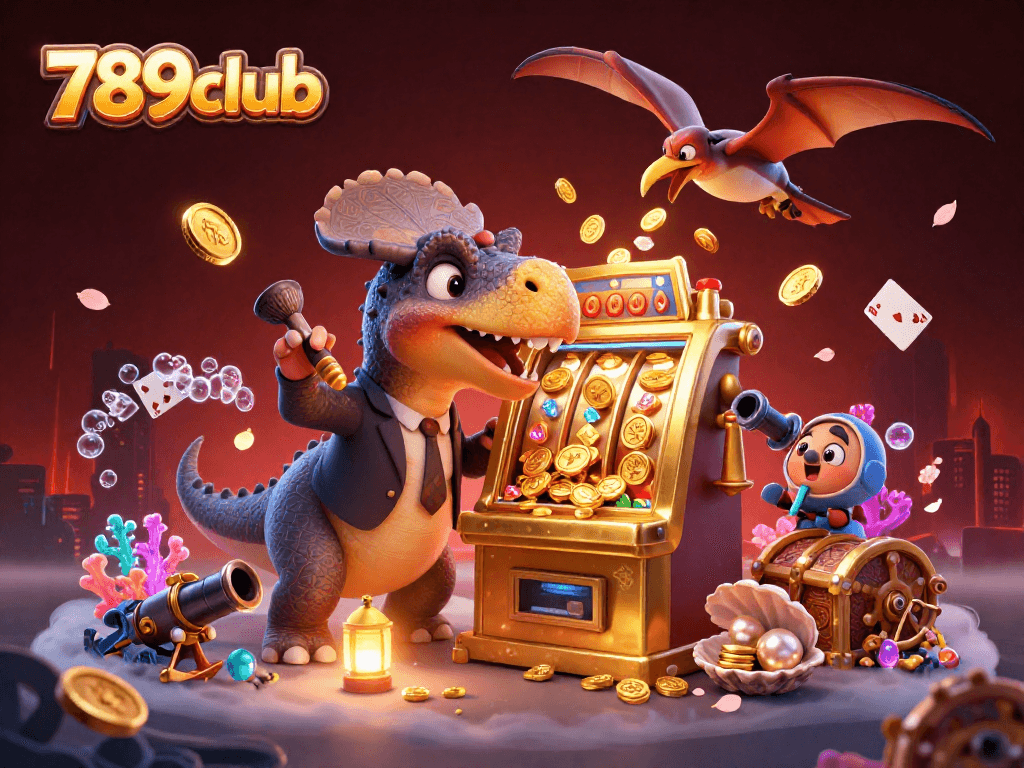 Experience the gold rush at 789club with a dinosaur-themed casino scene, featuring playful characters and vibrant elements.