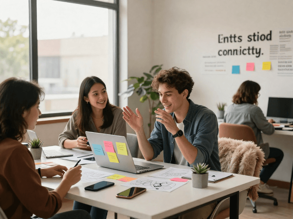 Engaging juicy chat conversation in a vibrant workspace with a laptop and colorful notes.