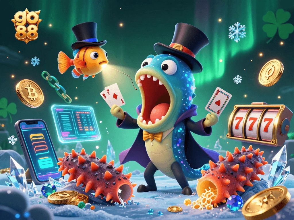 Perform thrilling card tricks with go 88's neon-lit casino scene featuring a magical underwater act.