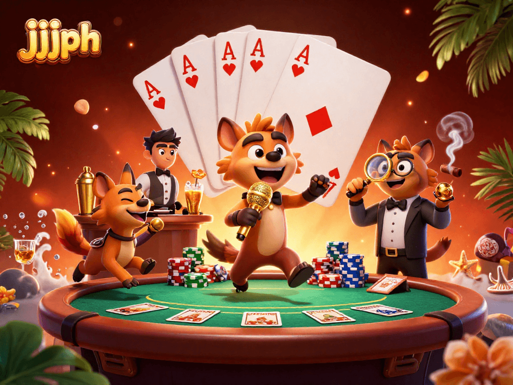 Nagtatampok ng jjjph, isang grupo ng mga hyena na nagkakasiyahan sa isang casino sa isang masiglang eksena.