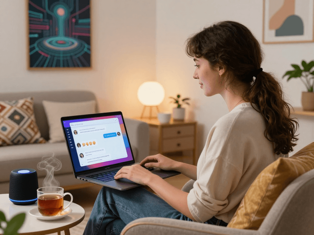AI sex chat scene featuring a woman engaging in a virtual conversation in a stylish lounge, with a laptop and inviting decor.