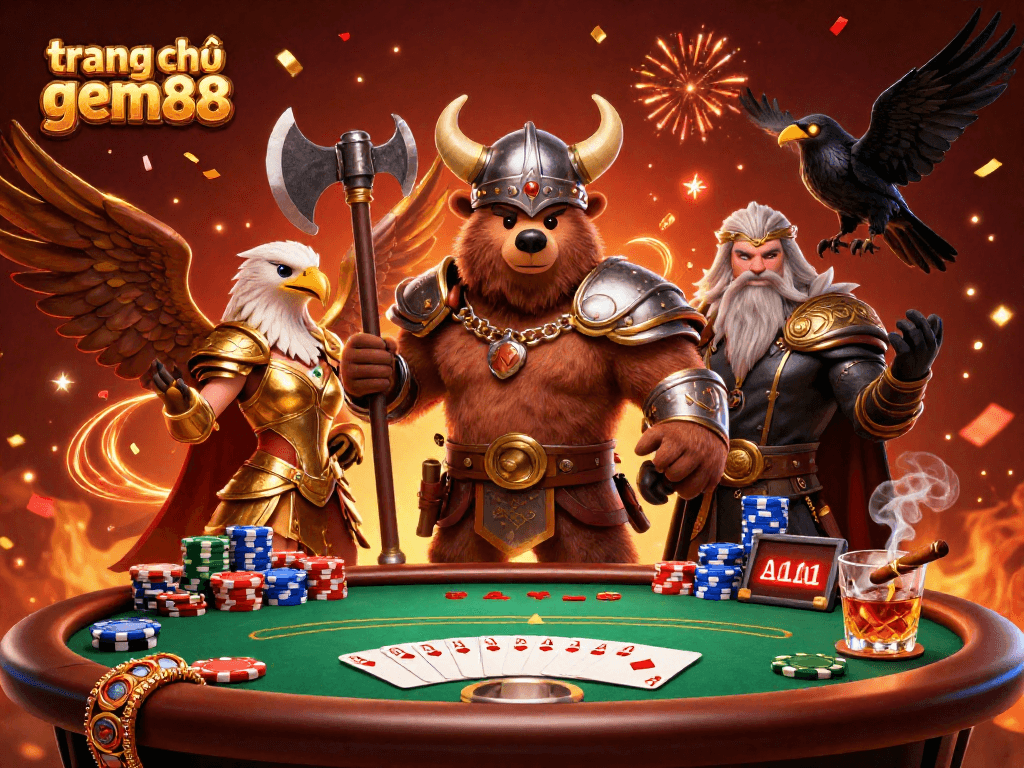 Engage with exciting poker action on trang chủ gem88 showcasing 3D Viking and Valkyrie characters.