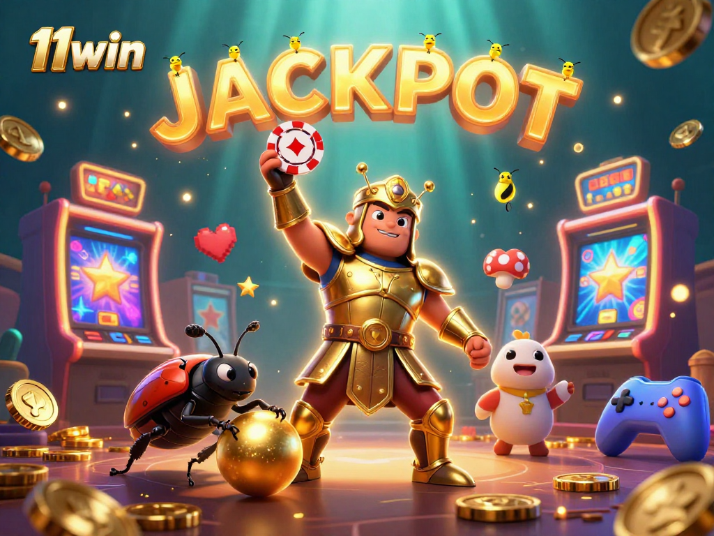 Experience dynamic fun with 11win as a beetle champion lifts a poker chip amidst vivid casino elements.
