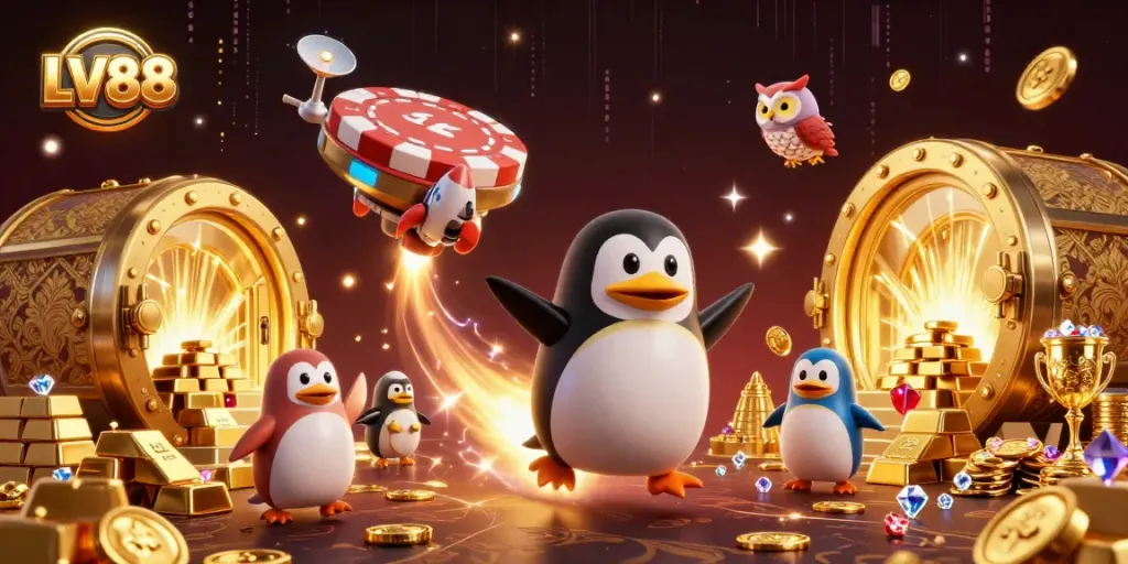Experience thrilling action at LV88 with a golden penguin flying toward a casino station.