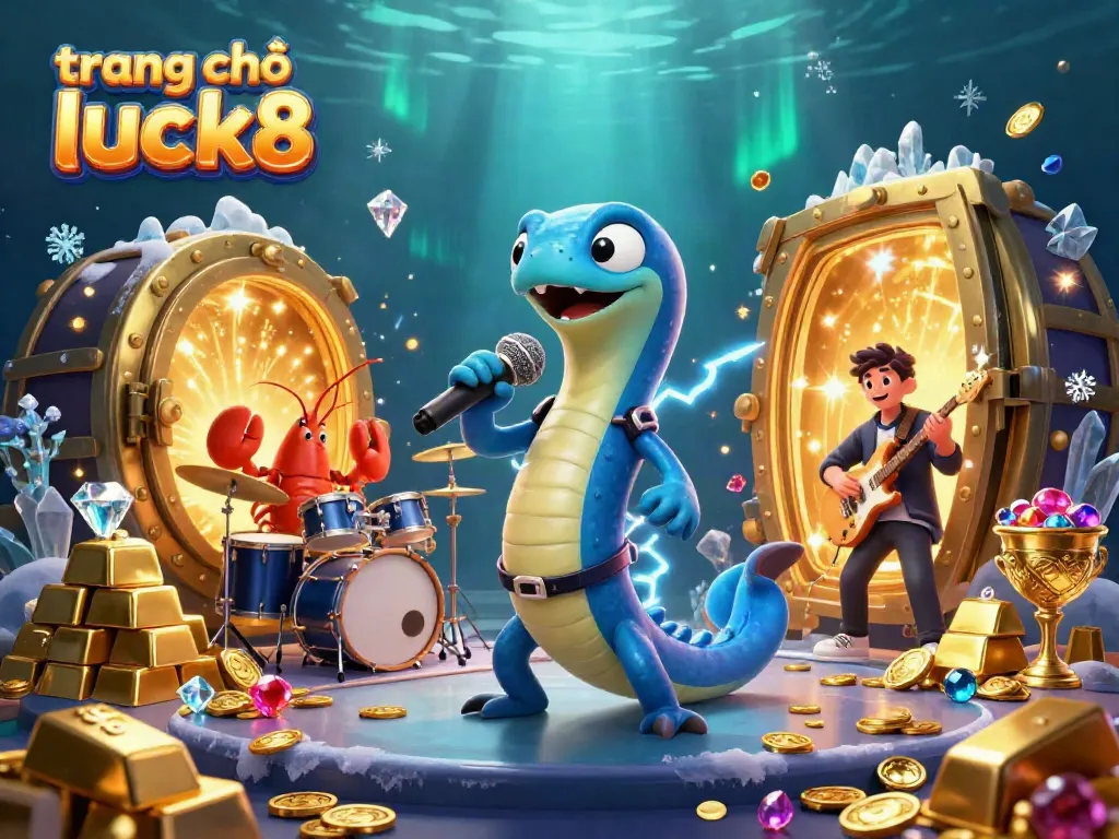 Experience excitement at trang chủ luck8 with a vibrant underwater casino scene featuring an electric eel DJ and treasure elements.
