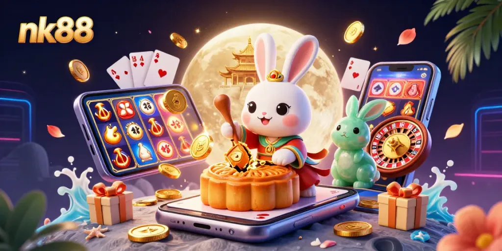 Win big with nk88 during a thrilling casino experience featuring gaming elements and a magical moon backdrop.