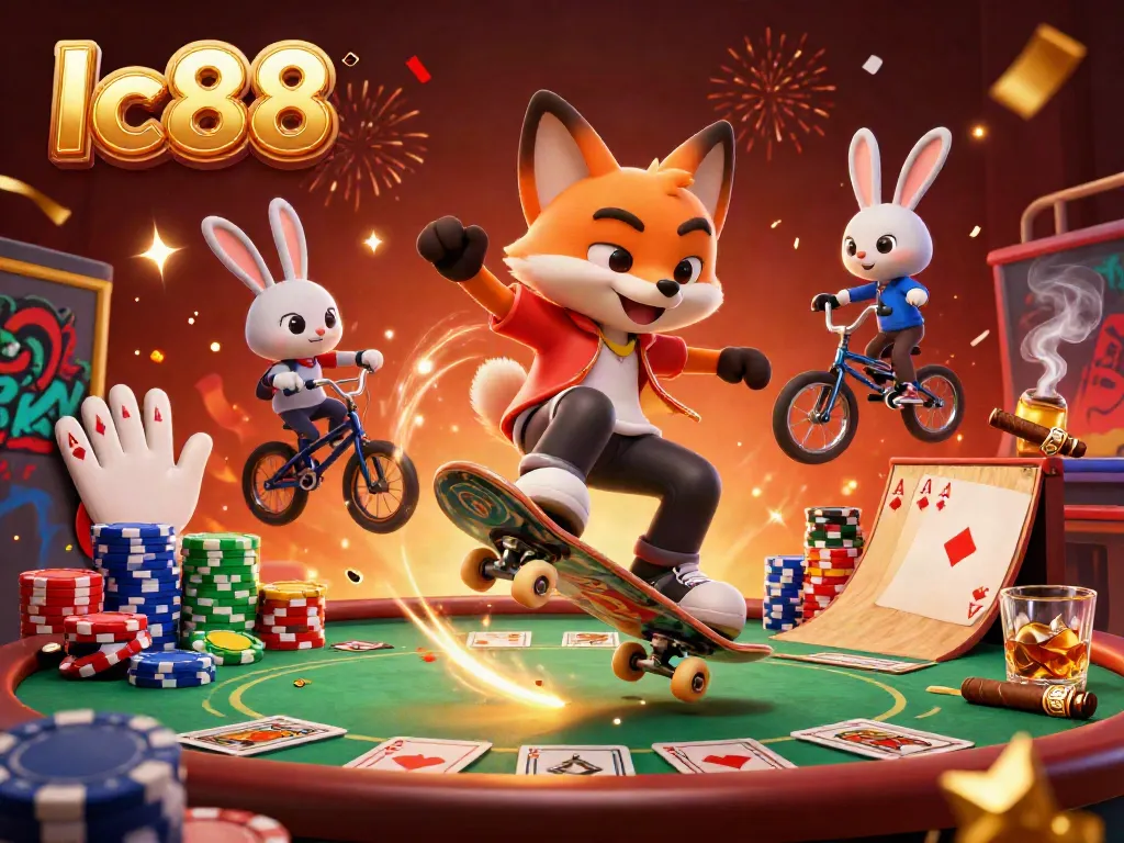 Experience the vibrant energy of lc88 with a skateboarder fox and BMX rabbit, surrounded by casino symbols and colorful chips.