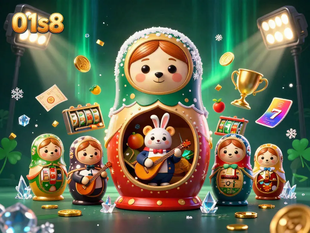 Experience the vibrant slots action with 01s8's decorated Matryoshka bear and a lively casino scene.
