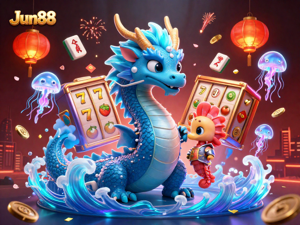 Experience Jun88's immersive 3D casino scene featuring vibrant slot elements and enchanting ocean characters.