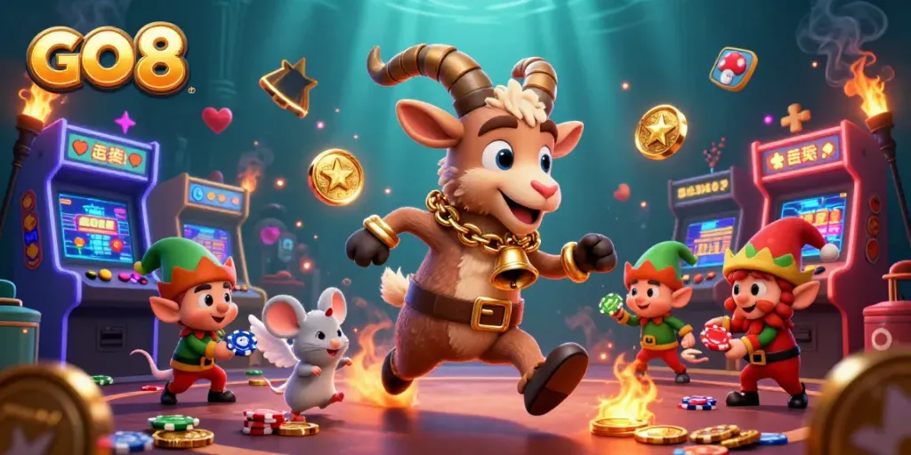 Engage with GO 8's thrilling casino adventure featuring Krampus, angel mouse, and gremlins in a festive, chaotic setting.