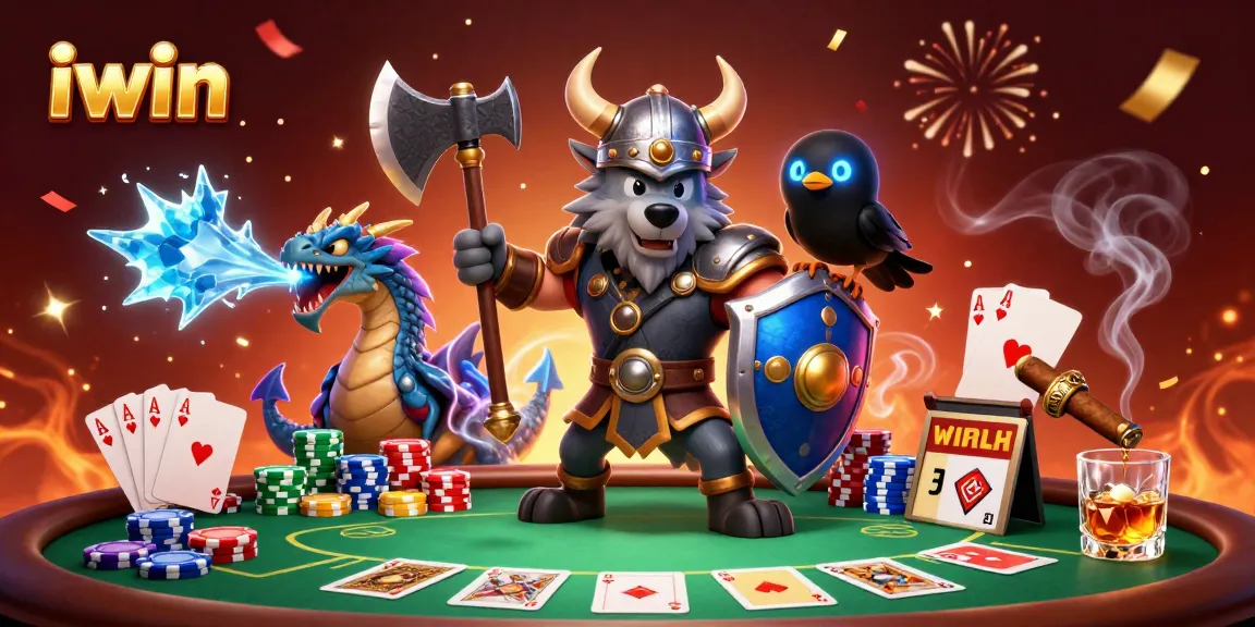 Engage with iwin's thrilling poker experience featuring vibrant characters and classic casino elements.