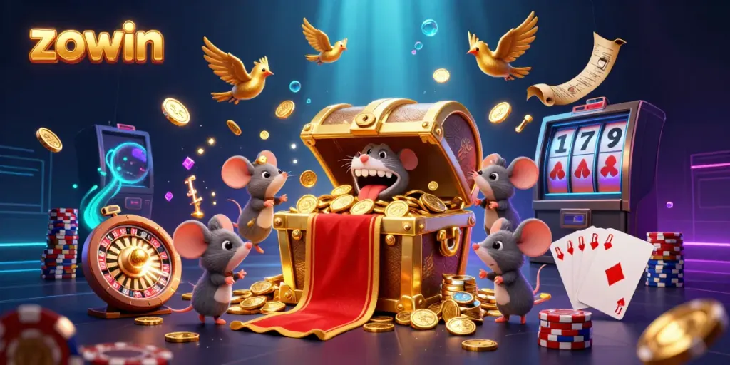 Zowin casino scene attracting players with a golden treasure chest and spinning roulette, surrounded by vibrant coins.