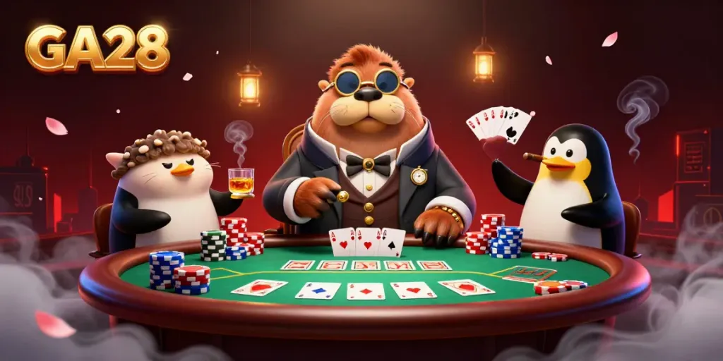 Engage in thrilling poker gameplay with GA28's jolly walrus and sophisticated dealer.
