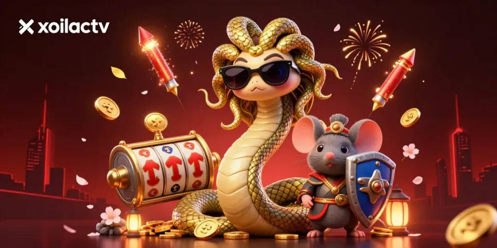 Experience the thrill of gambling with xoilactv in this vibrant 3D illustration featuring Medusa and a warrior mouse.