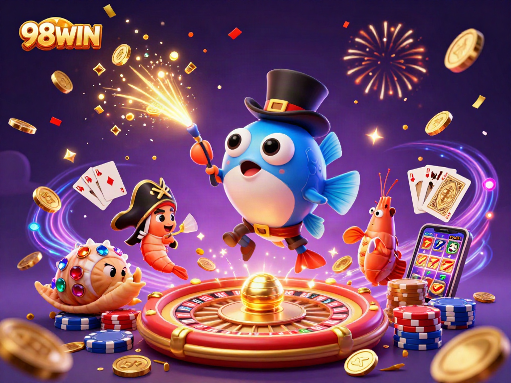 Attract golden coins with 98WIN's thrilling casino experience featuring dynamic characters.