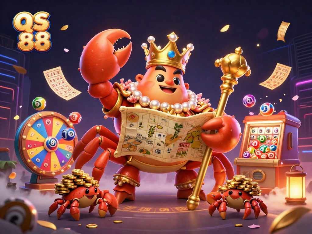 Experience vibrant lottery action with qs 88 as the golden crab emperor oversees the excitement of colorful lottery elements and riches.