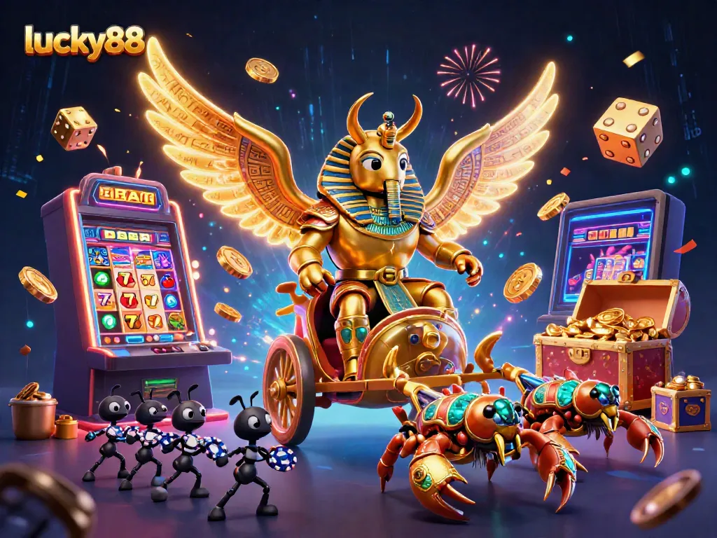 Engage with lucky88's vibrant 3D casino scene featuring adventurous characters and exciting game elements.