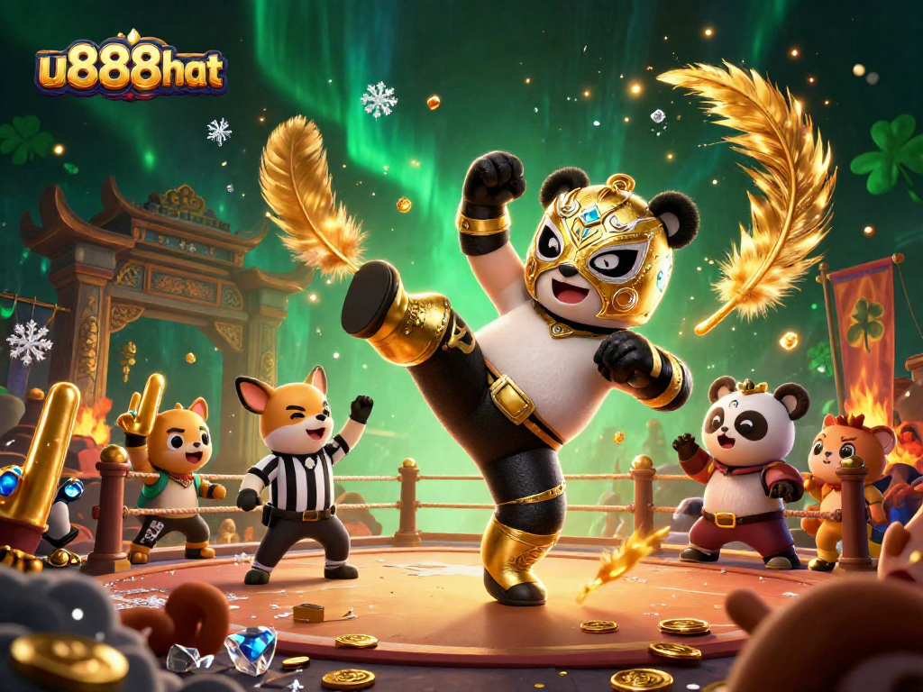 Experience thrilling moments at u888chat with a flying panda wrestler in a rich casino setting.