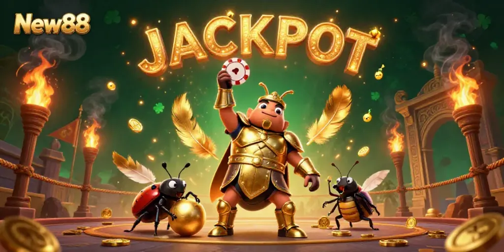 Experience the thrilling atmosphere of New88 with a victorious beetle hero lifting a poker chip amidst a dynamic casino scene.