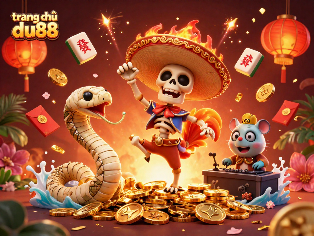 Experience the excitement of trang chủ du88 with a vibrant casino-themed 3D illustration featuring lively characters.