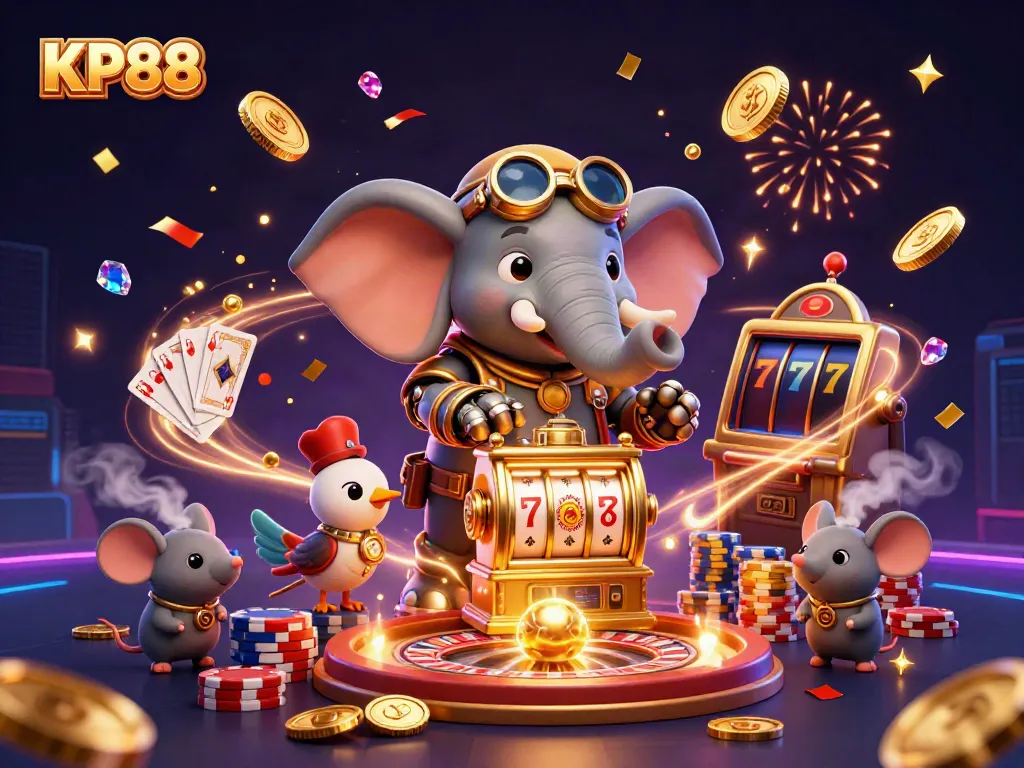 Join the fun at KP88 with a dazzling steampunk elephant running a slot machine amid flying coins and card games.