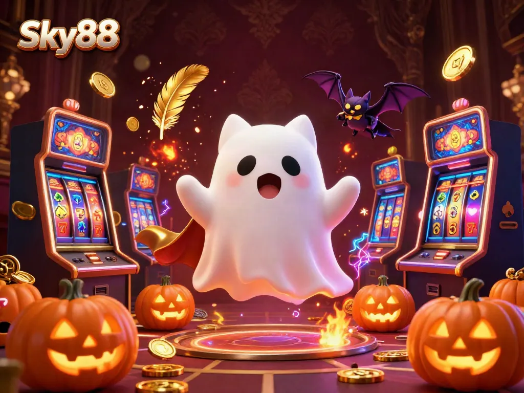 Engage with Sky88's thrilling gaming atmosphere featuring a friendly ghost cat, vibrant slot machines, and glowing jack-o-lanterns.