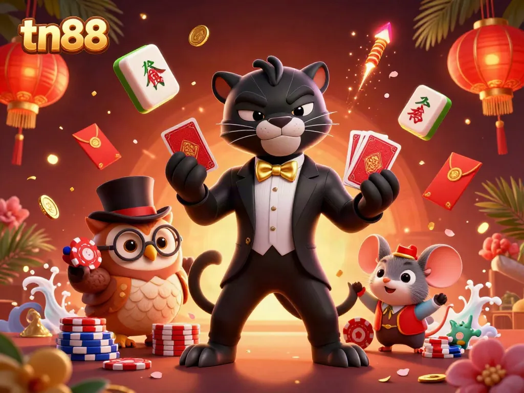 Experience thrilling gameplay with tn88 in this vibrant casino scene featuring a panther dealer and colorful game elements.
