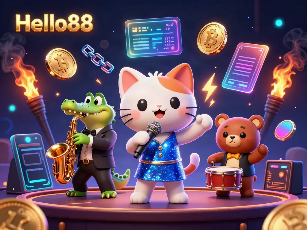 Experience thrilling moments with Hello88 in this vibrant casino scene featuring musical characters and crypto elements.
