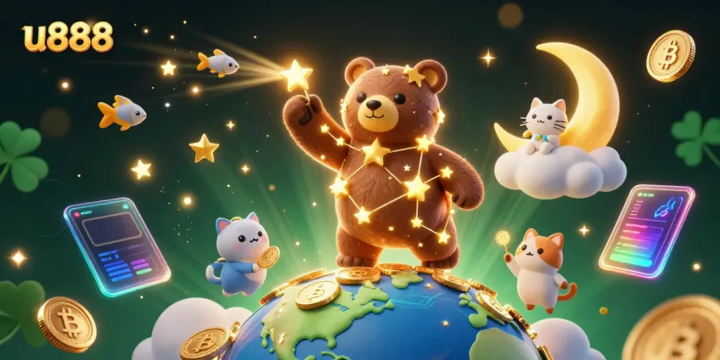 Join the excitement at u888 as a constellation bear scoops up golden coins in an enchanting night sky!