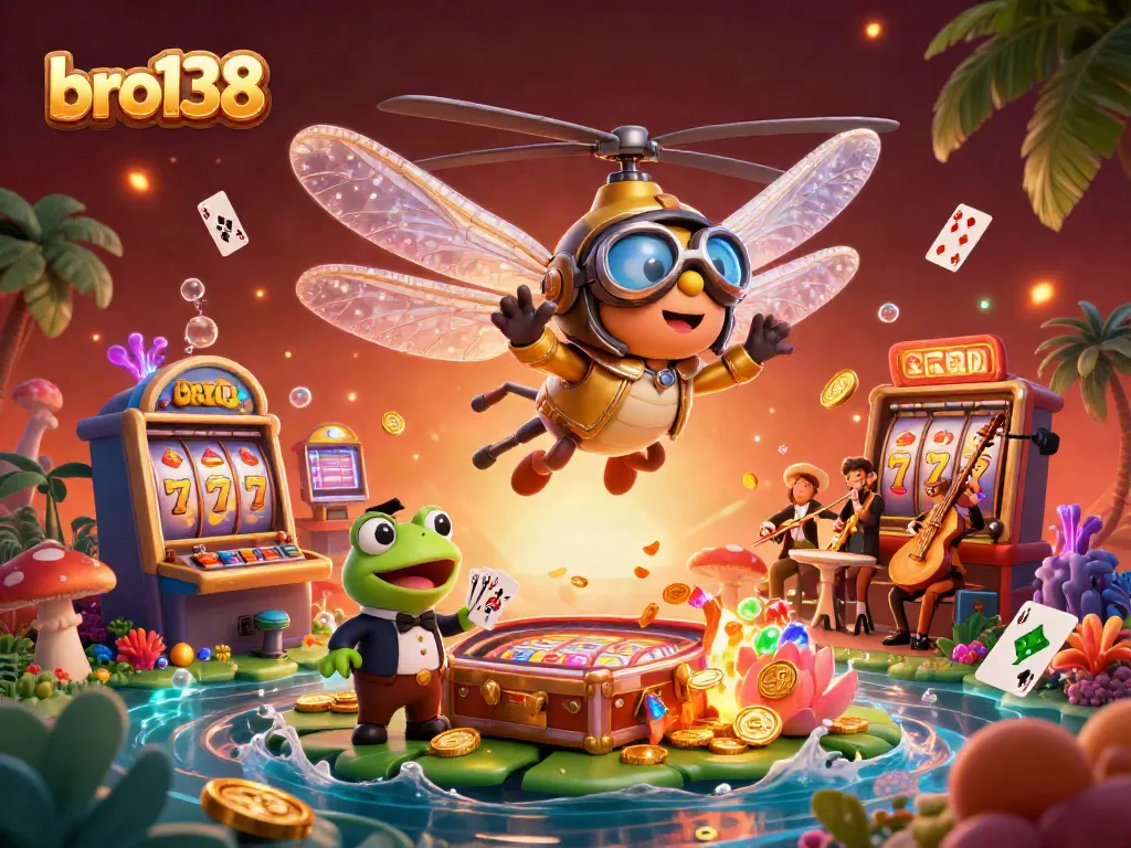 Win big with bro138 at the lively casino scene showcasing exciting slots, a frog dealer, and jazz musicians.