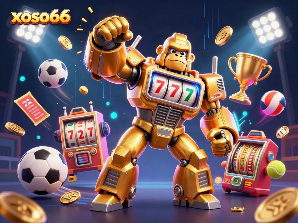 Experience thrilling slot action with xoso66 in a lively casino scene, featuring a golden gorilla mech.