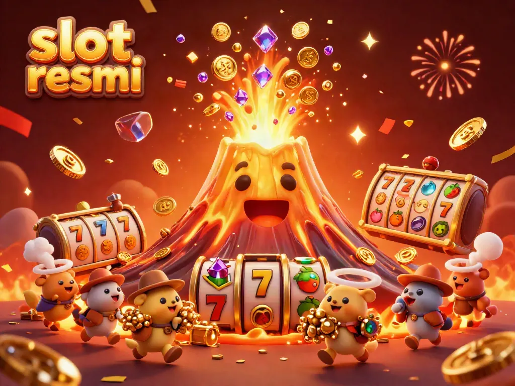 Experience thrilling gameplay with slot resmi, featuring a golden volcano erupting coins and treasures amidst vibrant casino elements.