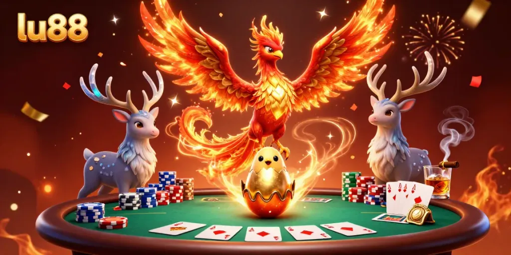 Experience thrilling play at lu88 with vibrant characters and poker elements in a dynamic casino scene.