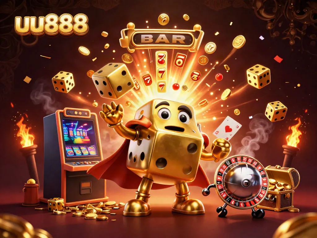 Spin the reels with uu888's lively 3D cartoon dice golem amidst a jackpot explosion of casino elements.