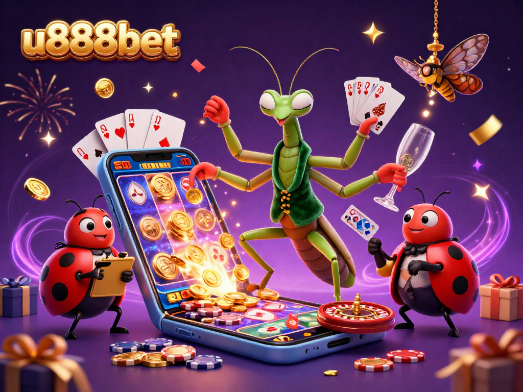 Experience excitement at u888bet with cartoon characters celebrating in a lively casino scene.