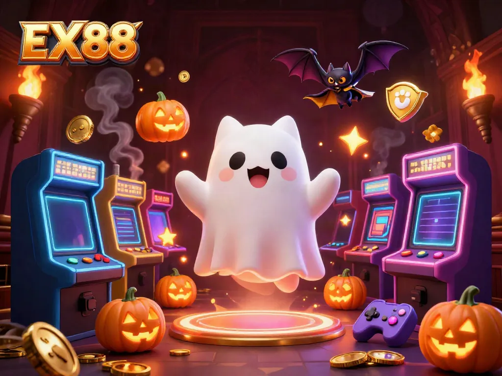 Experience thrilling EX88 casino action with a ghost cat and bat amidst glowing slot machines and arcade games.