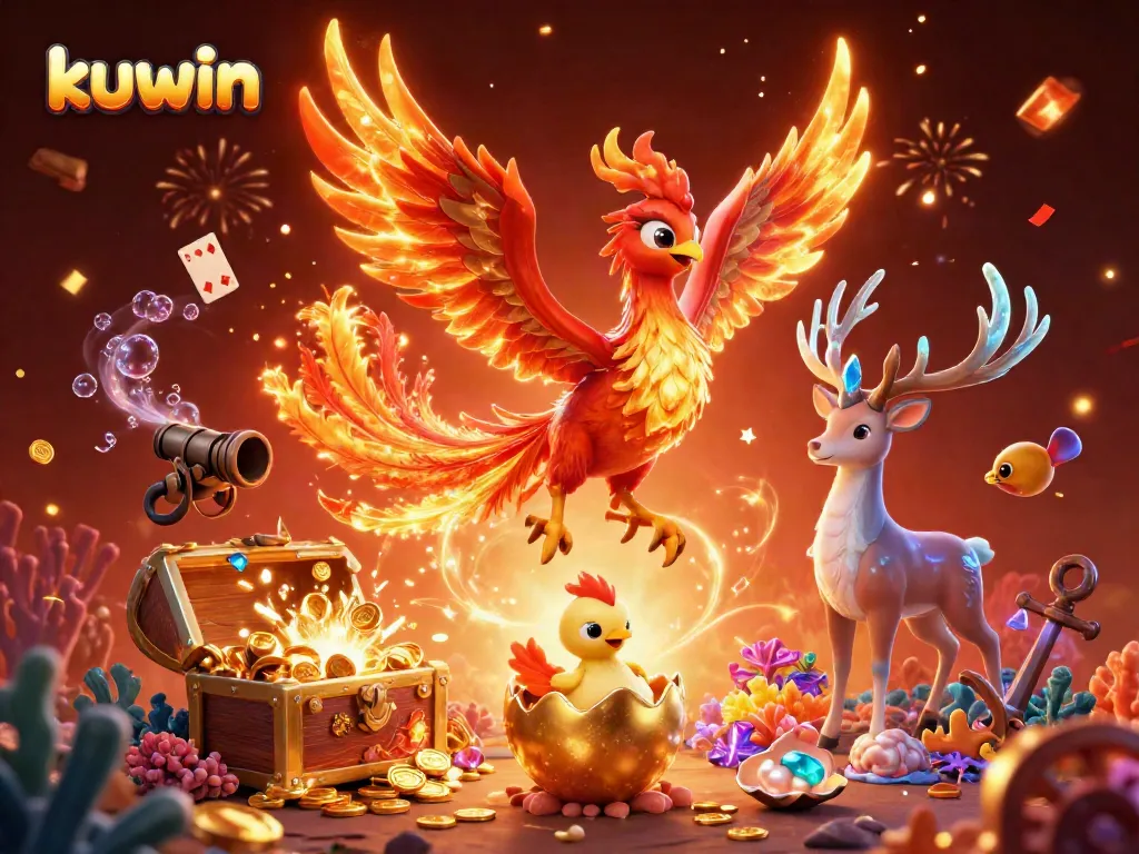Experience exhilarating action with kuwin, showcasing a vibrant phoenix and treasures in a high-stakes casino.