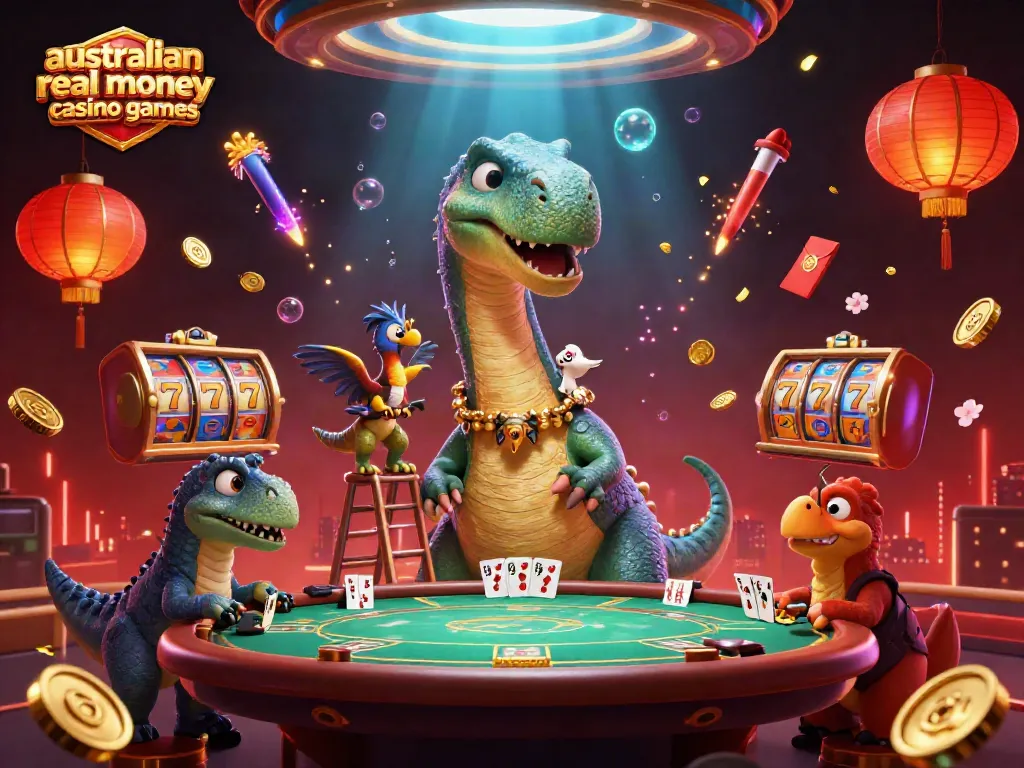Experience immersive australian real money casino games with a vibrant 3D illustration of dynamic characters and casino elements.