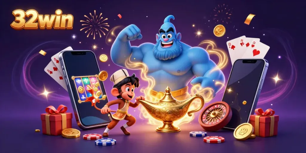 Experience the excitement of 32win with a dynamic scene featuring a blue genie, monkey, and magic carpet amidst gaming symbols.