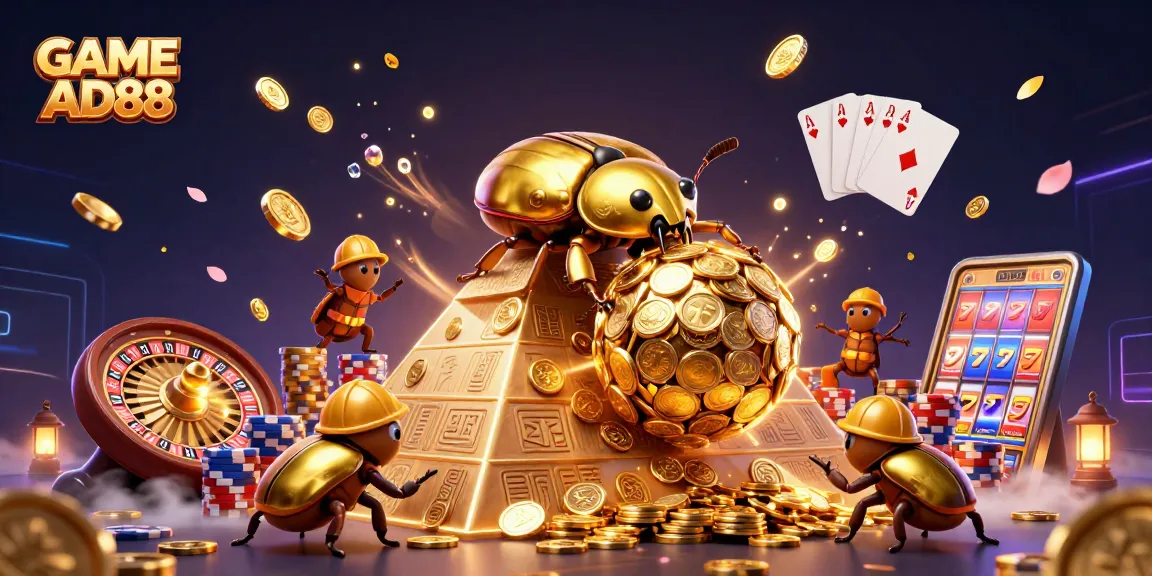 Spin to win with GAME AD88 featuring a lively 3D beetle scene and casino elements.
