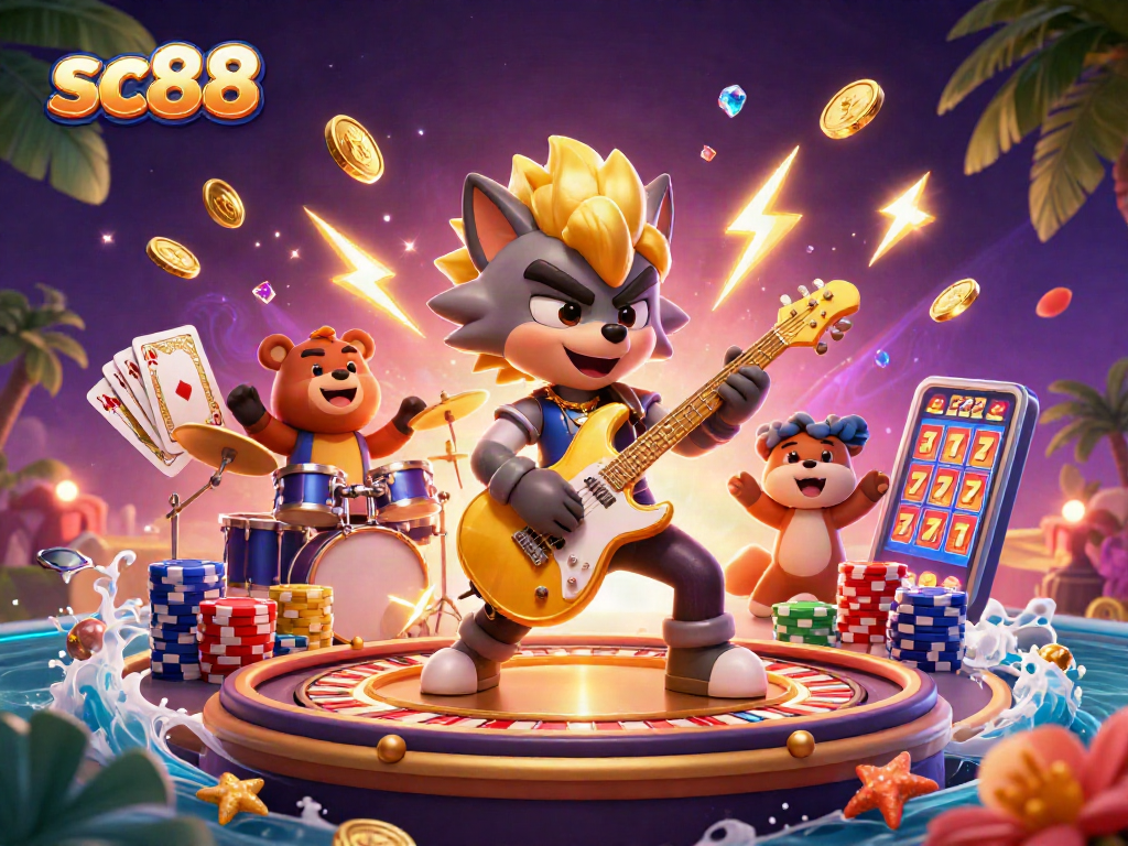 Experience thrilling wins at sc88 with a 3D illustration of a rock star wolf and casino elements.