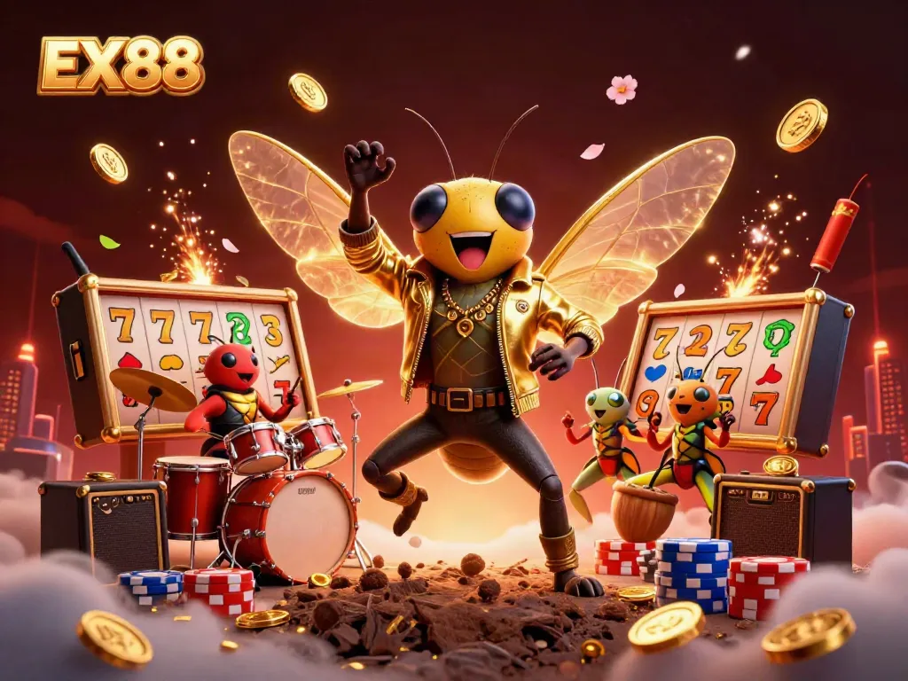 Experience the thrilling energy of EX88 with vibrant slot reels and a captivating rock star scene!