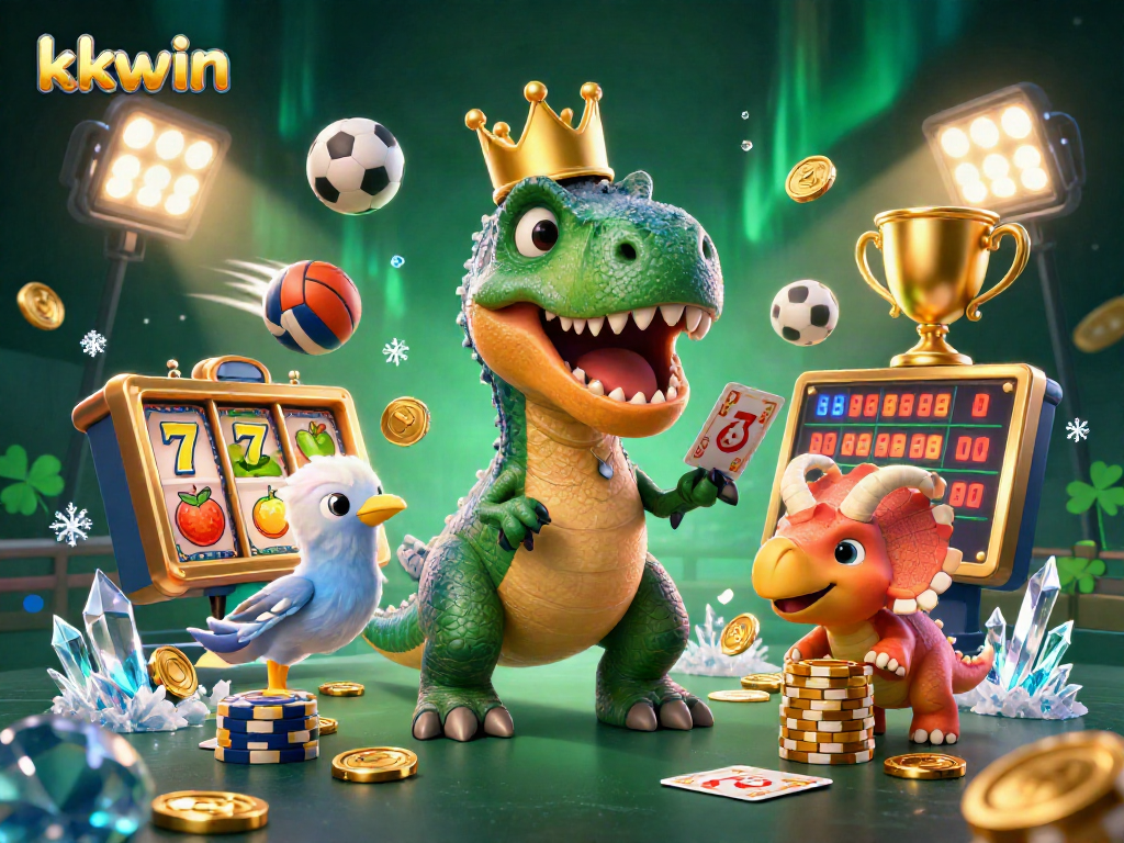 Engage with kkwin's thrilling slots, featuring a lively dinosaur scene with golden chips.
