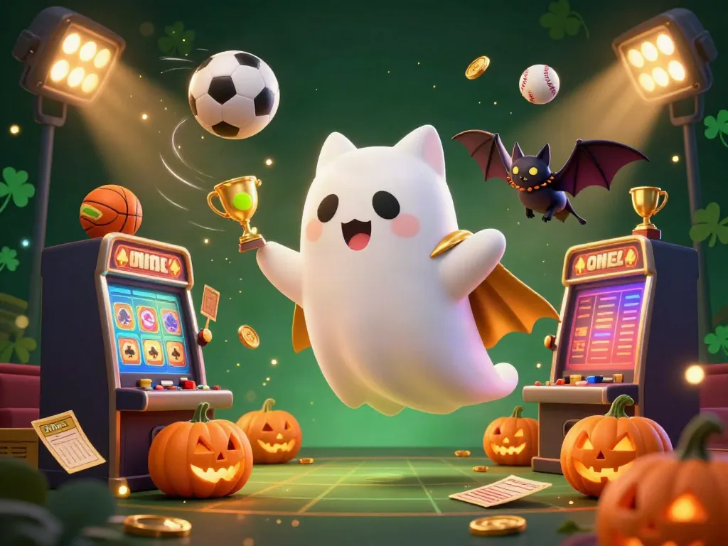 Engage with nbet's thrilling atmosphere, featuring a ghost cat in a haunted casino surrounded by dynamic sports elements.