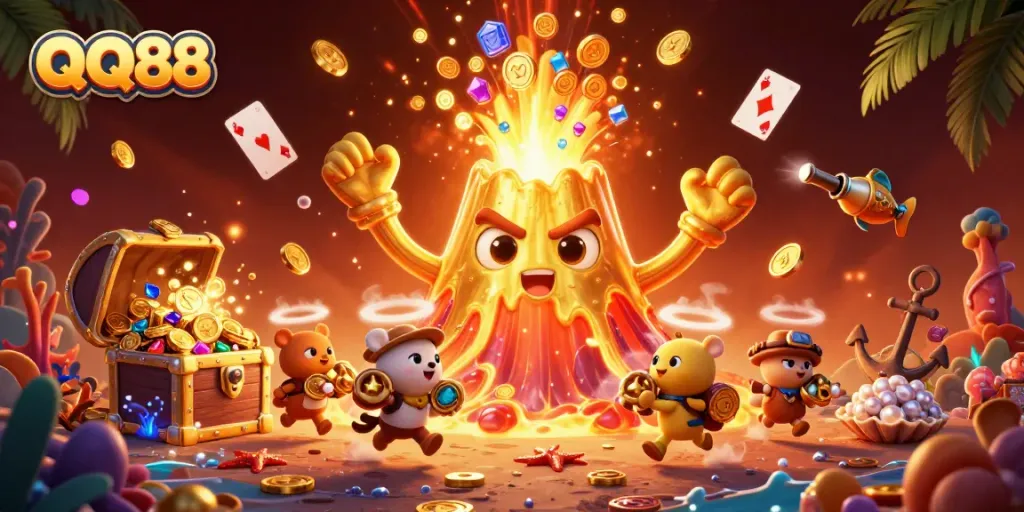 Experience thrilling wins with QQ88 and a vibrant explosion of treasures in this captivating 3D illustration.