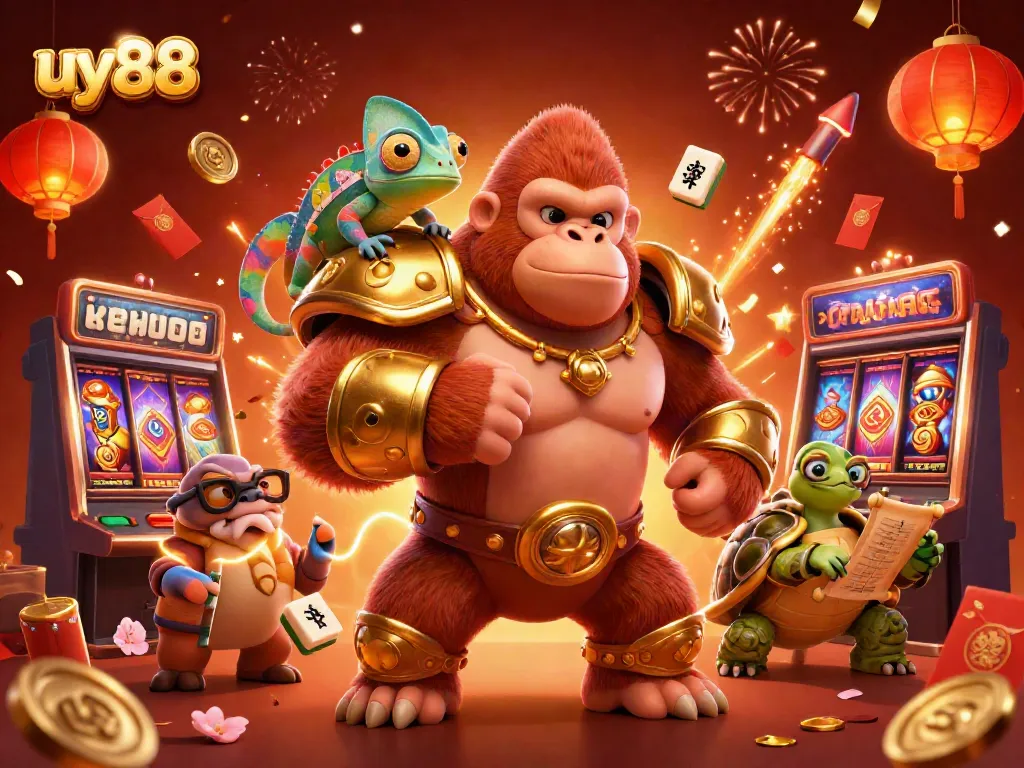 Engage in exciting slot gaming adventures with uy88, featuring iconic characters in a vibrant casino scene.