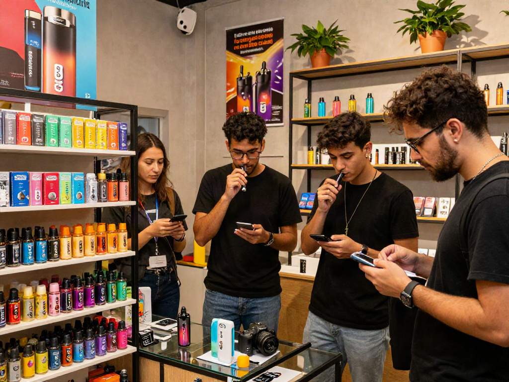 Friends enjoying raz vape flavors at a colorful retail display in a vibrant vape shop.